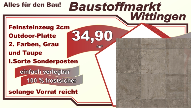 Feinsteinzeug 2cm Sonderposten 2 Farben Grau und Taupe